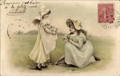 Litho Zwei Mädchen, Blumen