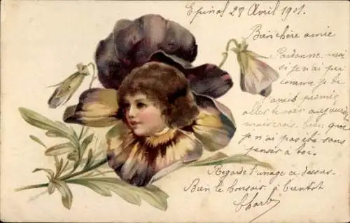 Litho Kind, Portrait, vermenschlichte Stiefmütterchen
