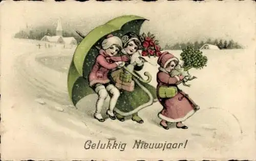 Litho Glückwunsch Neujahr, Kinder