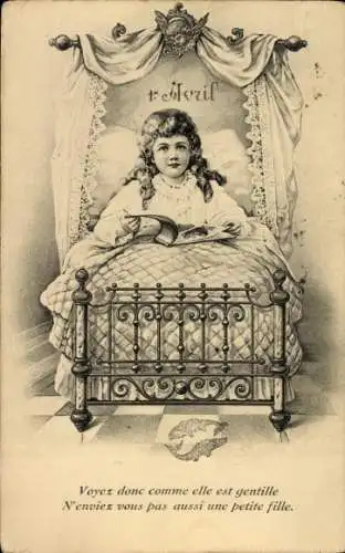 Ak Glückwunsch 1. April, Mädchen im Bett