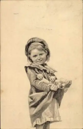Künstler Ak Mädchen mit Katzen, Portrait