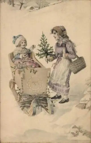 Künstler Ak Winter, Schlitten, Kinder, Weihnachtsbaum