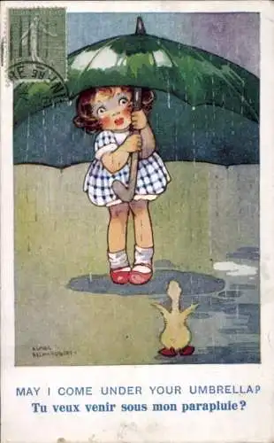 Künstler Ak Mädchen unterm Regenschirm