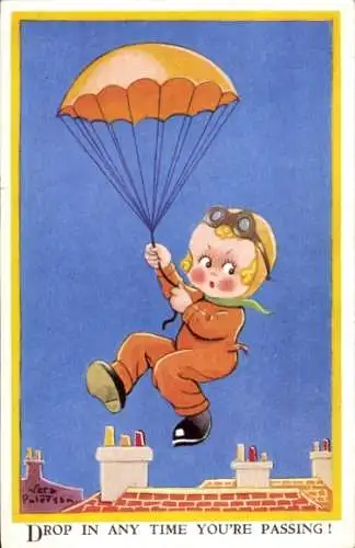 Künstler Ak Petersen, V., Fallschirmspringer, Kind, Dach
