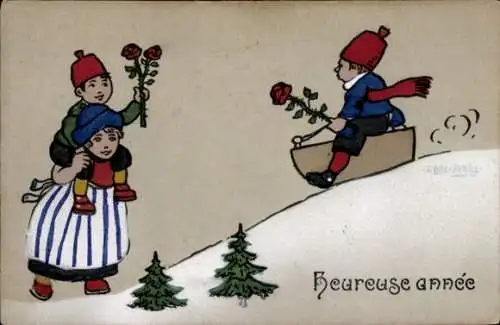 Ak Glückwunsch Neujahr, Schlitten, Kinder