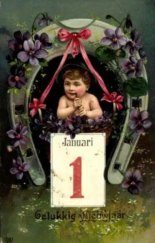 Ak Glückwunsch Neujahr, Kind, Hufeisen