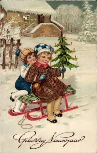 Litho Glückwunsch Neujahr, Schlitten, Kinder