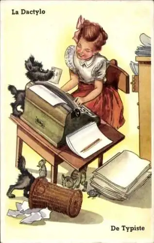 Ak Frau an der Schreibmaschine, Hund, Katze, Mäuse