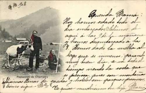 Ak Champéry, Schweizer Tracht, Bäuerinnen, Ziege