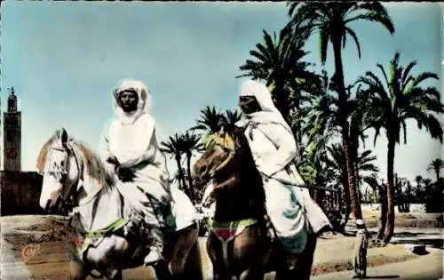 CPA Scènes et Types, Cavaliers, Marocains dans la Palmeraie