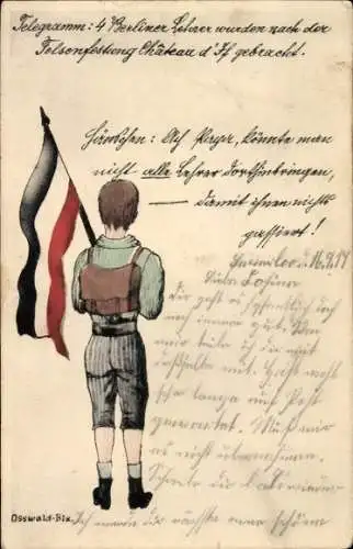 Ak Mann mit Fahne, Rückenansicht, Patriotik