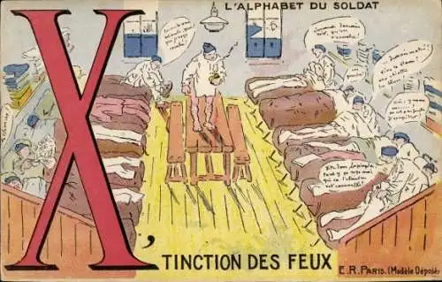 Künstler Ak Humor, Französische Armee, Alphabet des Soldaten, Licht aus