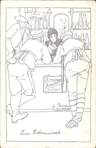Künstler Ak Fleischer, französische Soldaten an der Bar