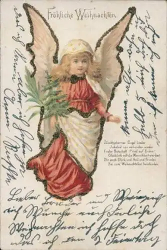 Glitzer Ak Glückwunsch Weihnachten, Engel, Tannenbaum