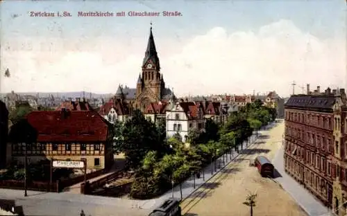 Ak Zwickau Sachsen, Blick auf die Moritzkirche mit Glauchauer Straße