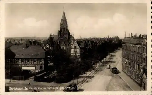 Ak Zwickau Sachsen, Blick auf die Moritzkirche mit Leipziger Straße
