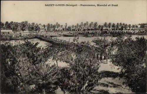 Ak Saint Louis Senegal, Panorama von Saint-Louis, Markt, Brücke, Palmen