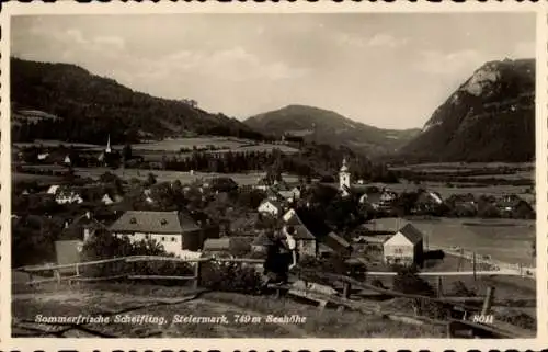 Ak Scheifling Steiermark, Landschaftsansicht mit Bergen, Dorf und Kirche, Schwarz-Weiß-Fotografie