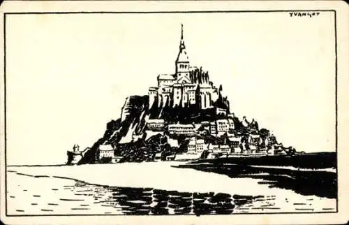 Ak Le Mont Saint Michel Manche, Zeichnung von  Kloster, Felseninsel, malerische Landschaft