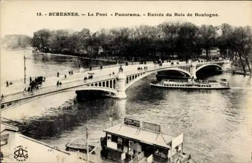 Ak Suresnes Hauts de Seine, Brücke, Panorama, Bois de Boulogne, Flusslandschaft