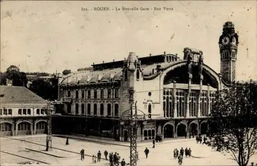 Ak Rouen Seine Maritime, La Nouvelle Gare, Rue Verte, Neuer Bahnhof