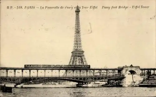 Ak Paris XVI Passy, Eiffelturm, Passerelle de l'assy, Passy Fußgängerbrücke