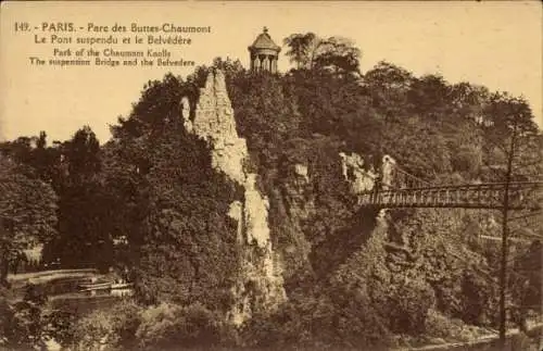 Ak Paris XIX Buttes Chaumont , Parc des Buttes-Chaumont, hängende Brücke, Belvédère