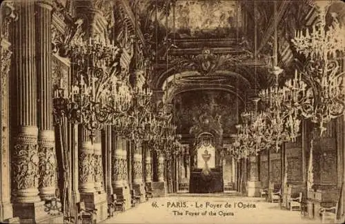 Ak Paris IX Opéra, Opéra, le Foyer de l'Opéra, prunkvolle Einrichtung, Kronleuchter