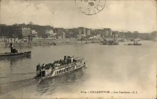 Ak Charenton le Pont Val de Marne,  Les Carrières, Dampfer, Flusslandschaft,  