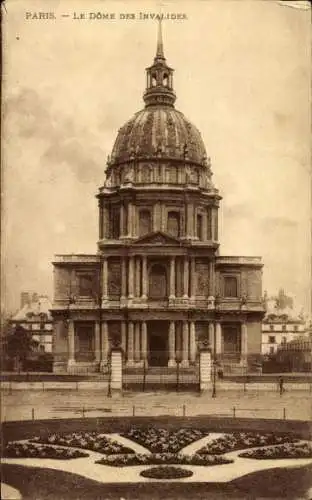 Ak Paris VII, Le Dôme des Invalides, beeindruckende Architektur, Blumenbeet im Vordergrund