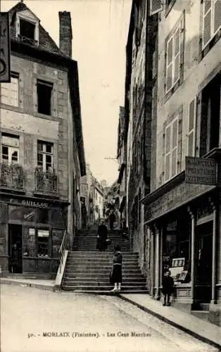 Ak Morlaix Finistère, Les Cent Marches, GUILLOU, Geschäft für Malerei, Vitrerie, Treppe