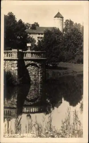 Ak Überlingen am Bodensee, Brücke, Wasserspiegelung, Gebäude, Bäume,  Architektur