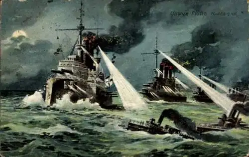 Mondschein Ak Unsere Flotte, Nachtangriff, deutsche Kriegsschiffe, Kaiserliche Marine