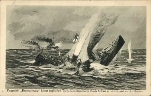 Ak Flaggschiff Braunschweig, englischer Torpedobootzerstörer, MSP SMS Ostfriesland