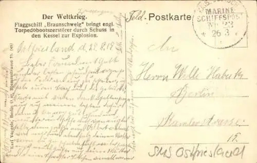 Ak Flaggschiff Braunschweig, englischer Torpedobootzerstörer, MSP SMS Ostfriesland