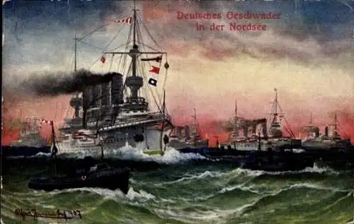Künstler Ak Deutsches Geschwader in der Nordsee, Deutsche Kriegsschiffe