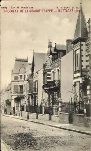 Ak Mortagne au Perche Orne, Strasse Rue St. Dominique, Chocolat de la Grande-Trappe, Gebäude