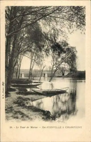 Ak Champigny sur Marne Val de Marne, Schöne Flusslandschaft, Boote auf dem Wasser, Bäume am Ufer,