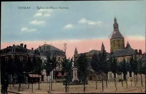 Ak Civray Cher, Eglise und Platz, Bäume,  Gebäude, Uhrturm
