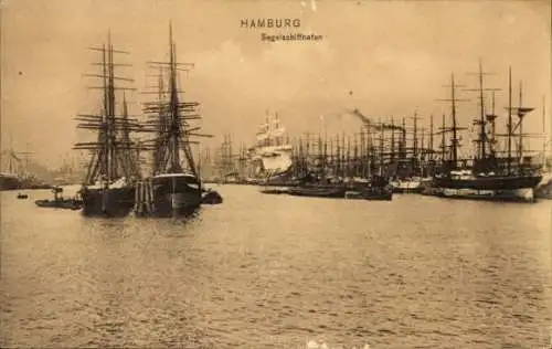 Ak Hamburg Mitte Altstadt, Hafenansicht mit Segelschiffen,  Atmosphäre, sepiafarben