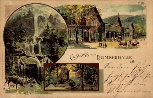 Ak Oker Goslar am Harz, Hotel Romkerhalle, Wasserfall, Gebäude, Kutsche, Kühe, Waldlandschaft