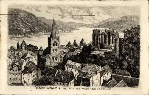 Ak Bacharach am Rhein, Stadtansicht, St. Wernerkapelle, Rheinlandschaft, alte Architektur
