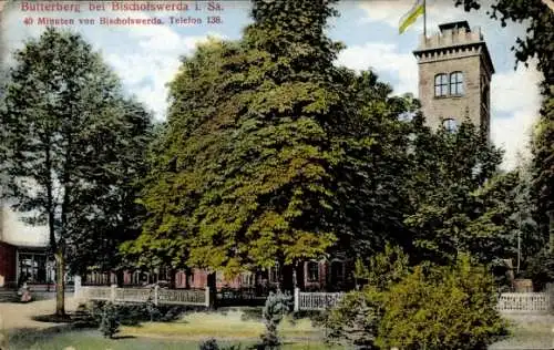 Ak Butterberg Bischofswerda in Sachsen, Butterberg, große Bäume, Aussichtsturm, Werbung für Telef