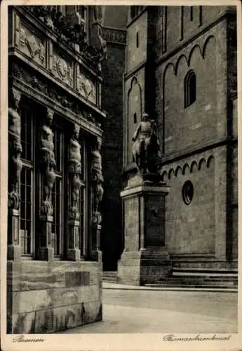 Ak Schnoor Bremen, Rismarckaenkmal, Gebäude mit Statuen,  Architektur