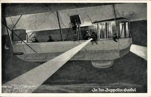 Künstler Ak In der Zeppelin Gondel, Flutlichter, Nacht, Luftschiff, Deutscher Luftflotten-Verein
