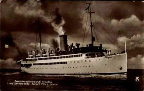 Ak Seemotorschnellschiff Preußen, Linie Swinemünde - Zoppot - Pillau - Memel