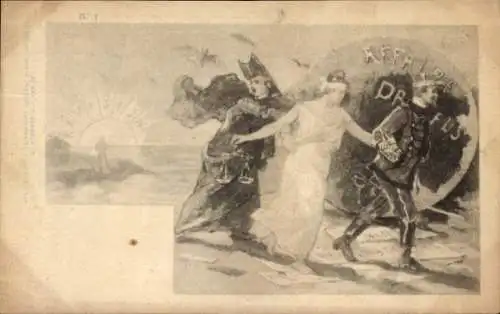 Litho Dreyfus-Affäre, Frau mit gebundenen Augen, Polizisten