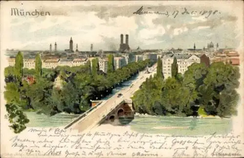 Litho München Bayern, Stadtansicht, Fluss, Brücke