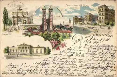 Litho München Bayern, Siegestor, Frauenkirche, Akademie der bildenden Künste