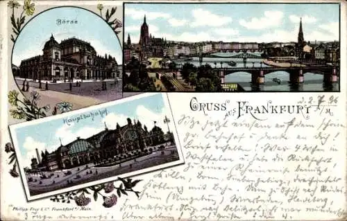 Litho Frankfurt am Main, Börse, Hauptbahnhof, Totalansicht, Brücke